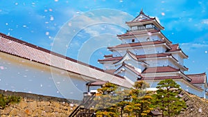 Aizu-Wakamatsu Castle and cherry blossom in Fukushima, Japan