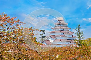 Aizu-Wakamatsu Castle with cherry blossom in Fukushima, Japan