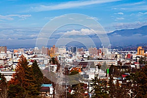 Aizu Wakamatsu City view with moutain in background