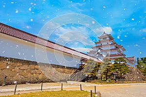 Aizuwakamatsu Castle and cherry blossom in Fukushima, Japan