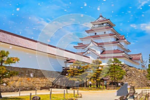 Aizuwakamatsu Castle and cherry blossom in Fukushima, Japan