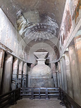 Ajanta Cave 9, apsidal chaitya shrine hall with vaulted roof & hemisherical stupa, & traces of preserved paintings, India