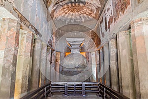 AJANTA, INDIA - FEBRUARY 6, 2017: Buddhist chaitya (prayer hall) carved into a cliff in Ajanta, Maharasthra state, Ind