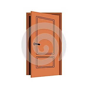 Ajar door. Slightly open wooden doorway, entrance and exit. Doorframe, entry portal to abstract house, home, apartment