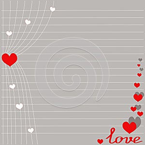 Ajar curtain with red hearts and text love for Valentine`s day, romantic postcard. love stickers