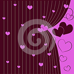 Ajar red curtain with pink hearts for Valentine`s day, romantic postcard