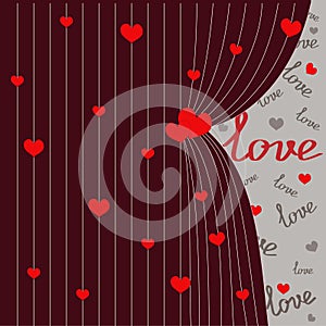 Ajar red curtain with red hearts and text love for Valentine`s day, romantic postcard