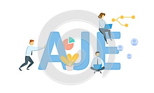 AJE, Adjusting Journal Entry. Concept with keyword, people and icons. Flat vector illustration. Isolated on white.