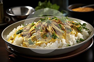 Aji de gallina, a traditional Peruvian dish featuring tender shredded chicken in a creamy and spicy golden sauce photo