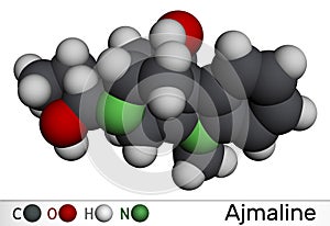 Ajmaline molecule. It is alkaloid, antiarrhythmic used to manage a variety of forms of tachycardias. Molecular model. 3D rendering