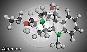 Ajmaline molecule. It is alkaloid, antiarrhythmic used to manage a variety of forms of tachycardias. Molecular model. 3D rendering photo
