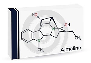 Ajmaline molecule. Skeletal chemical formula. Paper packaging for drugs photo