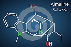 Ajmaline molecule. Structural chemical formula on the dark blue background.