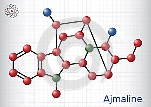 Ajmaline molecule. Structural chemical formula, molecule model. Sheet of paper in a cage