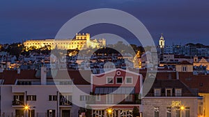 The Ajuda National Palace is a neoclassical monument in the civil parish of Ajuda night to day in Lisbon, Portugal