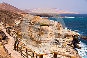 Ajuy coastline with vulcanic mountains on Fuerteventura island, Canary Islands, Spain.