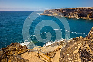 Ajuy coastline with vulcanic mountains on Fuerteventura island, Canary Islands, Spain.