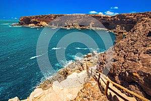 Ajuy coastline with vulcanic mountains on Fuerteventura island, Canary Islands, Spain.