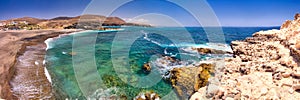 Ajuy coastline with vulcanic mountains on Fuerteventura island, Canary Islands, Spain