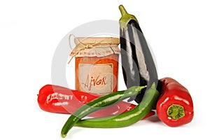 Ajvar - delicious dish of red and green peppers, onions, garlic, eggplant. Ajvar in jar.