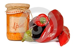 Ajvar - delicious dish of red and green peppers, onions, garlic, eggplant. Ajvar in jar.