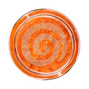 Ajvar, relish made of roasted sweet bell peppers, in a glass jar