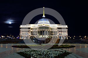 Ak Orda. Presidential palace in moonlight night.
