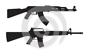 AK47 icon and M16 icon. Machine gun black silhouette. Vector illustration