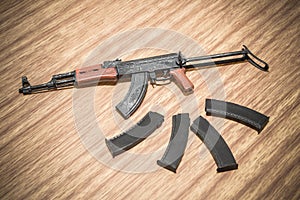 Ak47 svd dragunov toy gun and mimic weapons and toy scale on woods texture and woods backgrounds