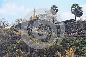 Akauk Taung Monastery and Pagoda with cliffside Buddhas in Pyay, Myanmar