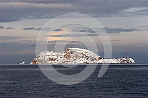 Akdamar Island covered with snow, Van lake, Turkey