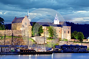 Akershus Fortress at night, Oslo, Norway