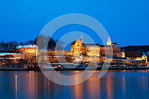 Akershus Fortress at night, Oslo, Norway photo