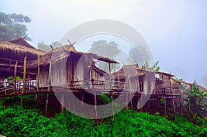 Akha homestays located on a hillside covered with fog at Doi Sa Ngo , Chiang Rai , Thailand