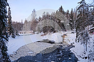 Akhvenkoski waterfall in winter. The place where the famous film was filmed. Ruskeala  Karelia