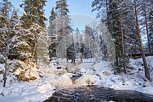 Akhvenkoski waterfall in winter. The popular palce near Ruskeala mountain park  Karelia photo