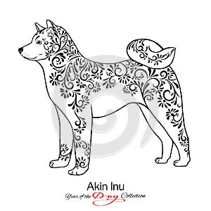 Akin Inu. Black and white graphic drawing of a dog.