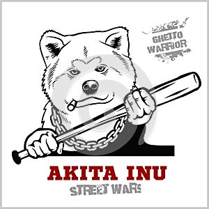 Akita Inu dog with a baseball bat. Thug - Ghetto Warrior. Vector illustration isolated on white
