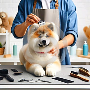 Akita Inu dogs are having their fur groomed by men who work professionally photo