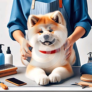 Akita Inu dogs are having their fur groomed by men who work professionally photo
