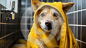 An Akita Inu puppy snugly wrapped in a yellow towel after a bath