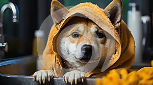 An Akita Inu puppy snugly wrapped in a yellow towel after a bath