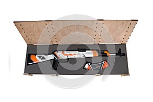 AKM Avtomat Kalashnikova Kalashnikov assault rifle in wooden box on white background