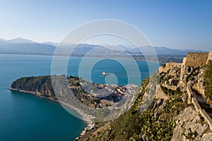 The Akronauplia seen from the fortress of Palamidi , Europe, Greece, Peloponnese, Argolis, Nafplion, Myrto seashore, in summer on