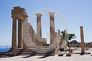 Akropolis in Lindos - ancient ruins on sea cliffs photo