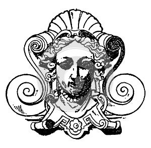 Akroter Grotesque Mask, vintage engraving photo