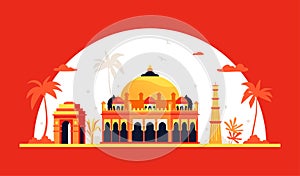 Akshardham and Gateway of India in New Delhi - colored vector illustration