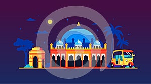 Akshardham and Gateway of India in New Delhi - colored vector illustration