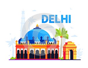 Akshardham and Gateway of India in New Delhi - colored vector illustration