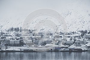 Akureyri city, Iceland in winter morning with foggy environment